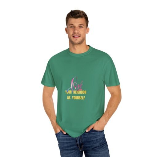 Garment-Dyed T-Shirt with 'Love Your Neighbor As Yourself' Design - Unisex Casual Wear