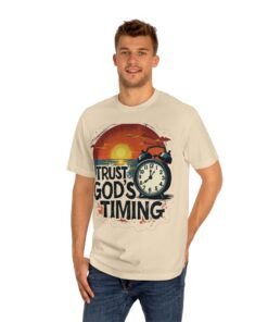Trust God's Timing T-Shirt — Inspirational Christian Tee with Sunrise & Clock Design