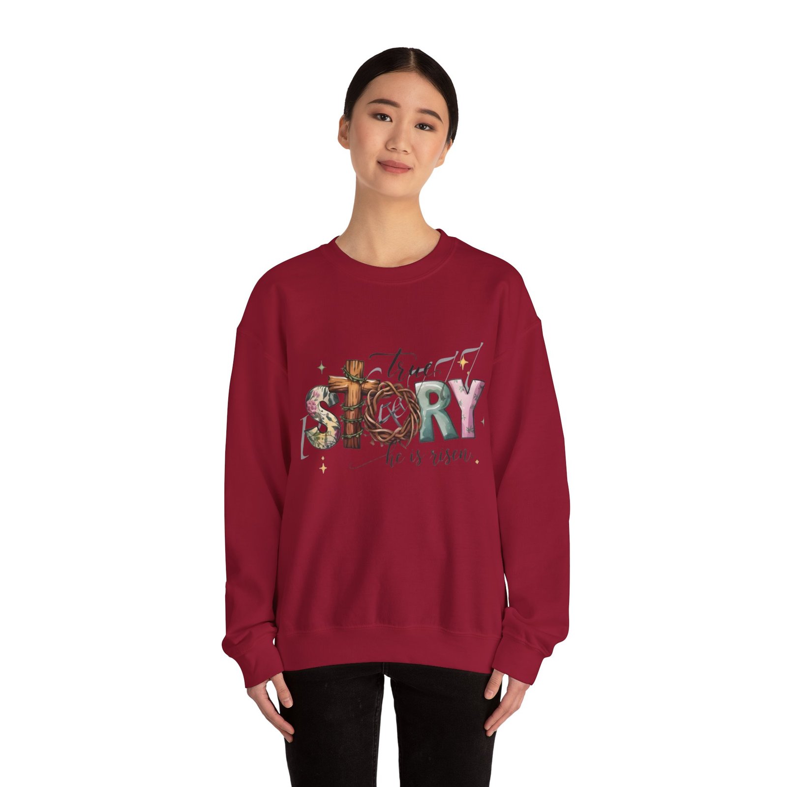 Crewneck Sweatshirt — 'True Story He Is Risen' Easter Cross Christian Design - Image 53
