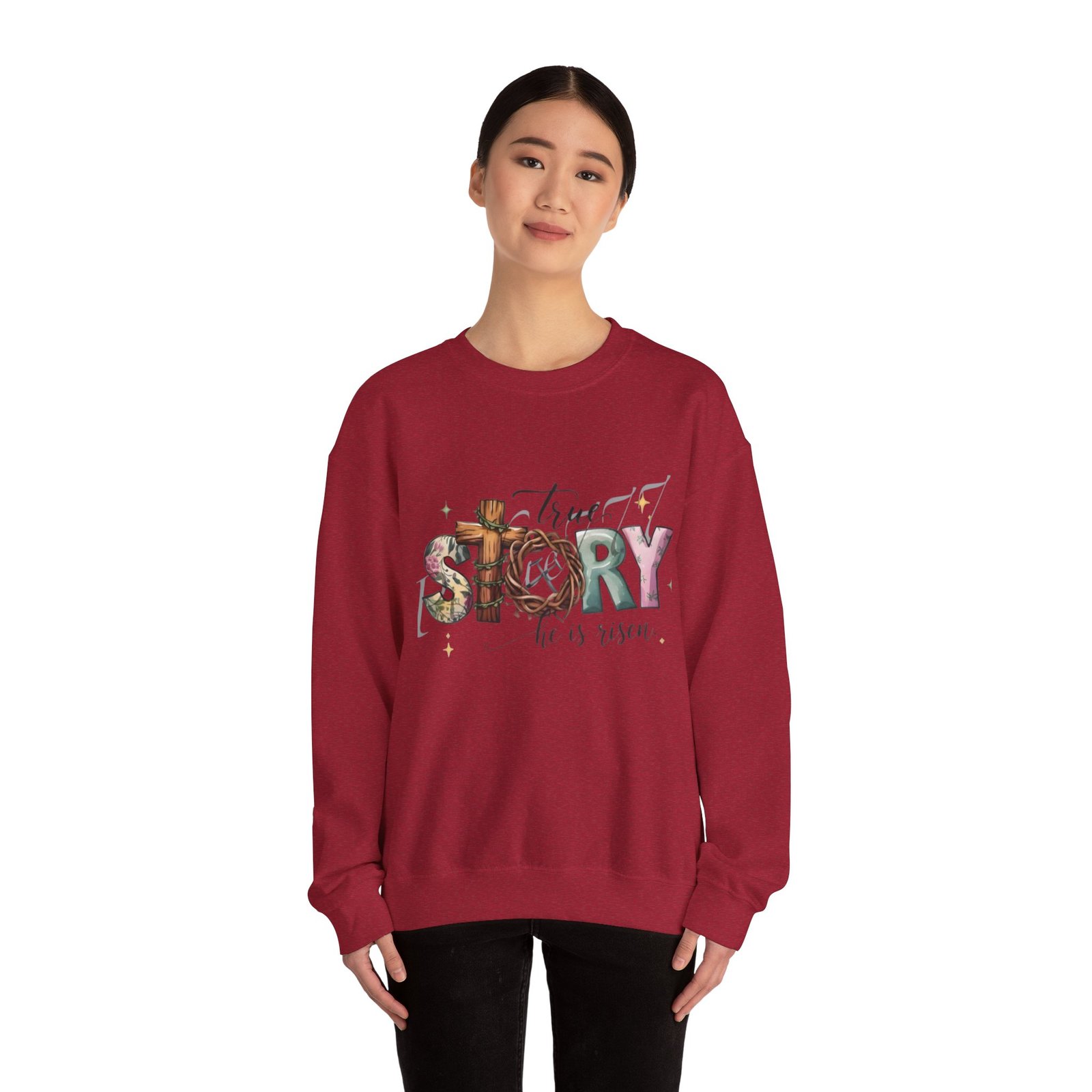 Crewneck Sweatshirt — 'True Story He Is Risen' Easter Cross Christian Design - Image 49