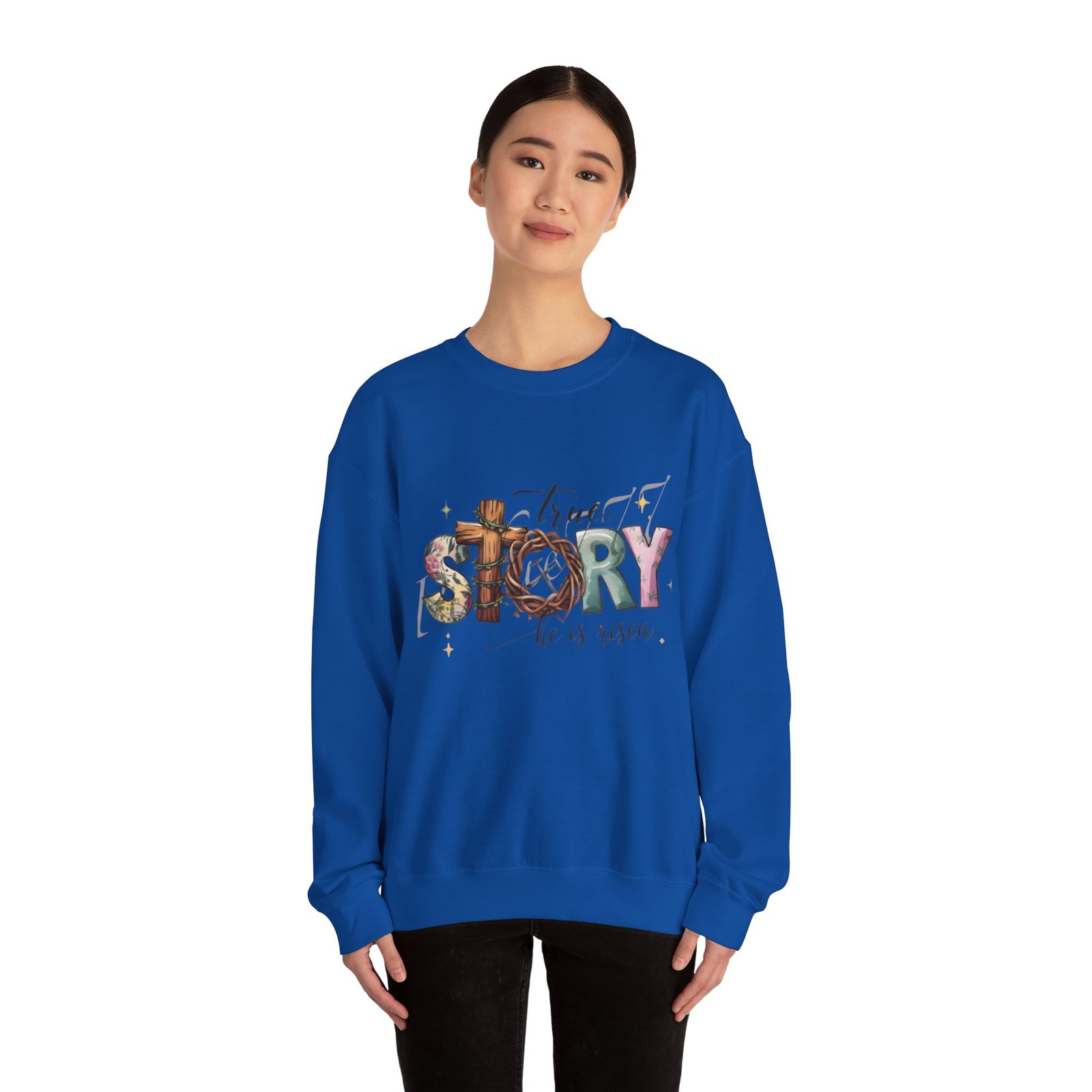 Crewneck Sweatshirt — 'True Story He Is Risen' Easter Cross Christian Design - Image 37