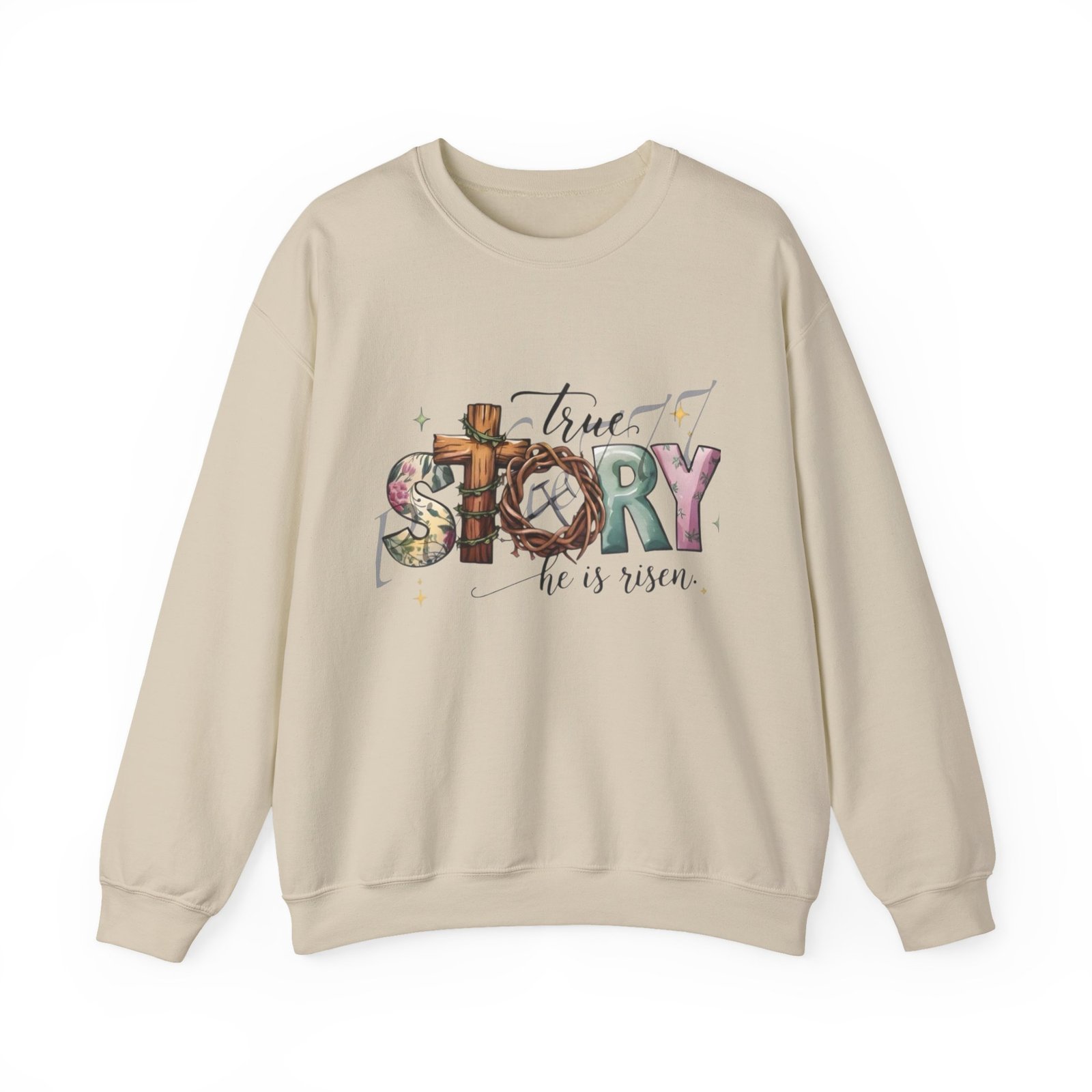 Crewneck Sweatshirt — 'True Story He Is Risen' Easter Cross Christian Design - Image 10