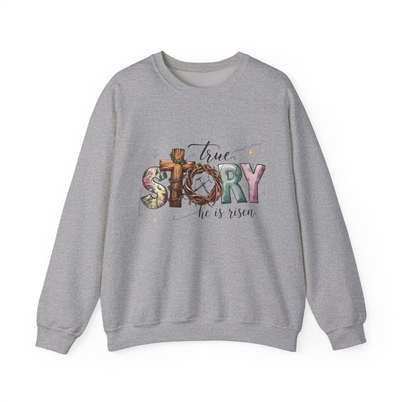 Crewneck Sweatshirt — 'True Story He Is Risen' Easter Cross Christian Design - Image 14