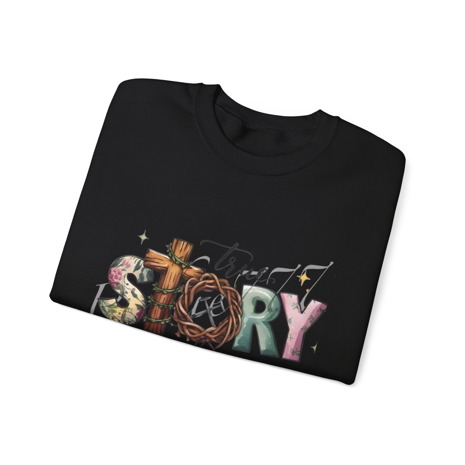 Crewneck Sweatshirt — 'True Story He Is Risen' Easter Cross Christian Design - Image 4