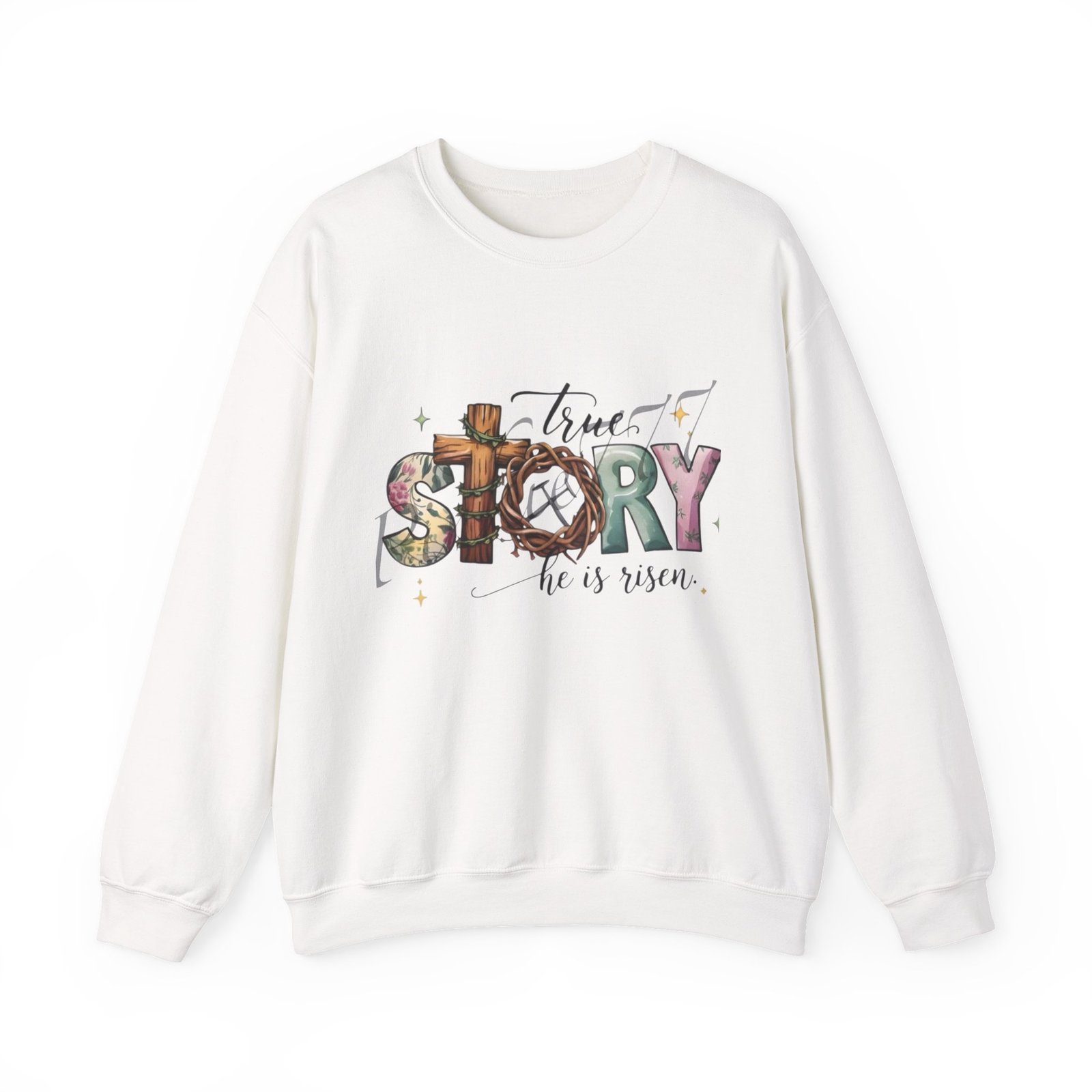 Crewneck Sweatshirt — 'True Story He Is Risen' Easter Cross Christian Design - Image 6