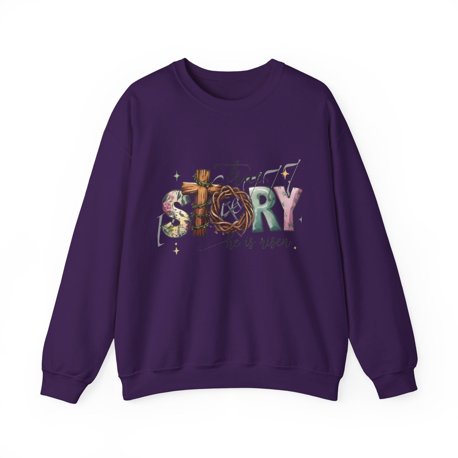 Crewneck Sweatshirt — 'True Story He Is Risen' Easter Cross Christian Design - Image 38