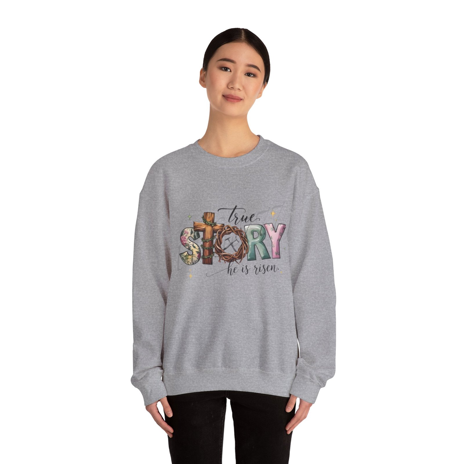 Crewneck Sweatshirt — 'True Story He Is Risen' Easter Cross Christian Design - Image 17