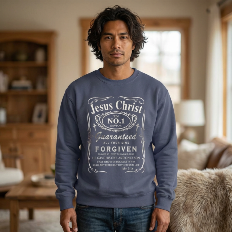Christian Sweatshirt — “Jesus Christ No.1 Savior” Vintage Forgiven Crewneck