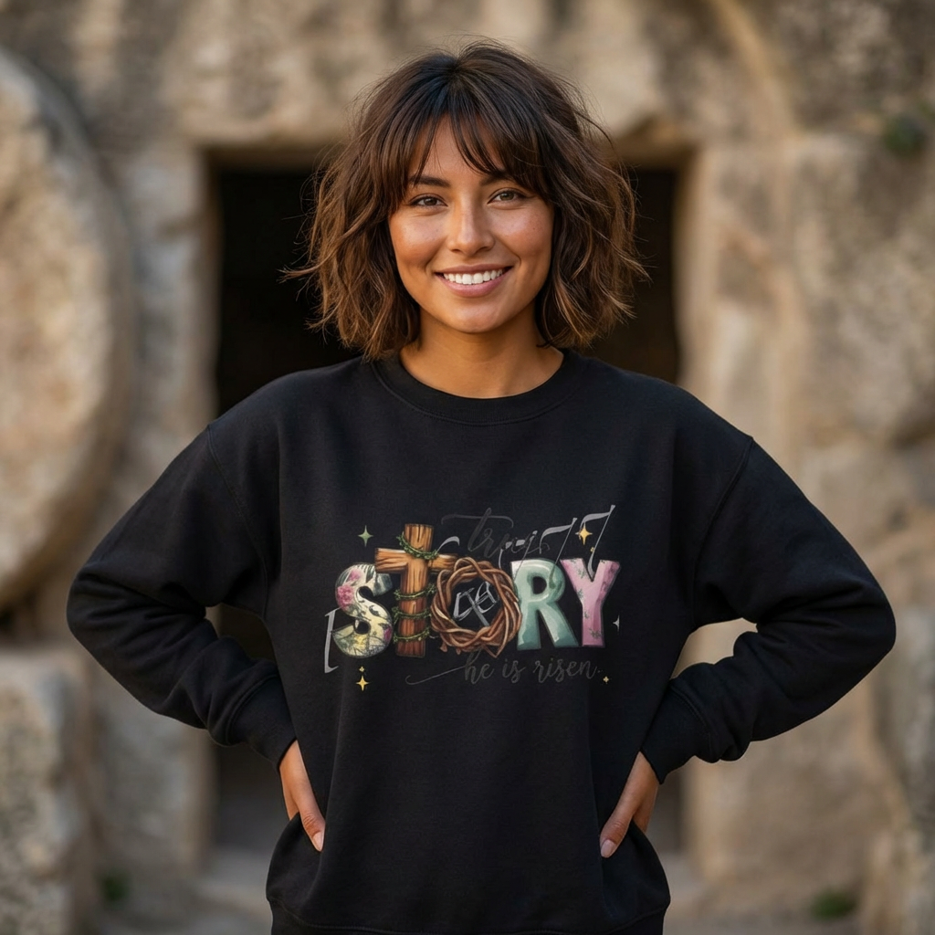 Crewneck Sweatshirt — 'True Story He Is Risen' Easter Cross Christian Design