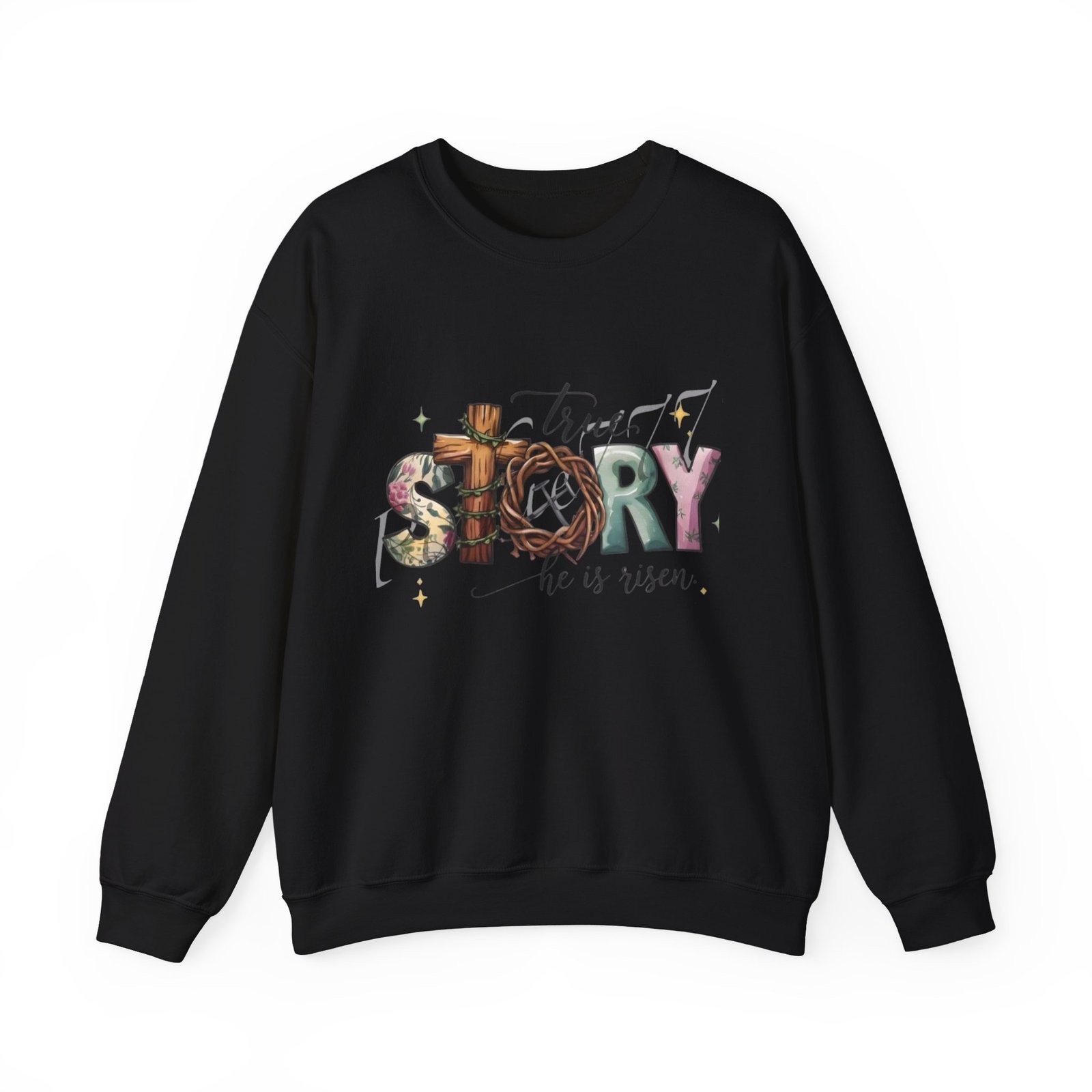 Crewneck Sweatshirt — 'True Story He Is Risen' Easter Cross Christian Design - Image 2