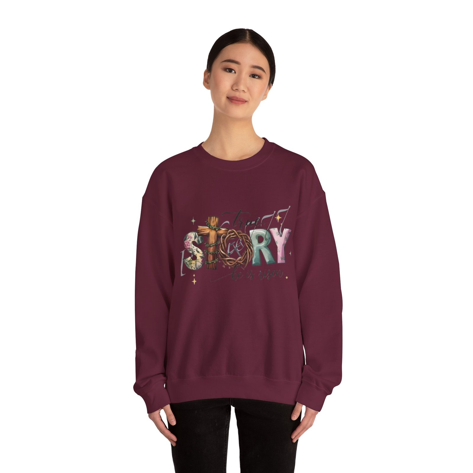 Crewneck Sweatshirt — 'True Story He Is Risen' Easter Cross Christian Design - Image 25
