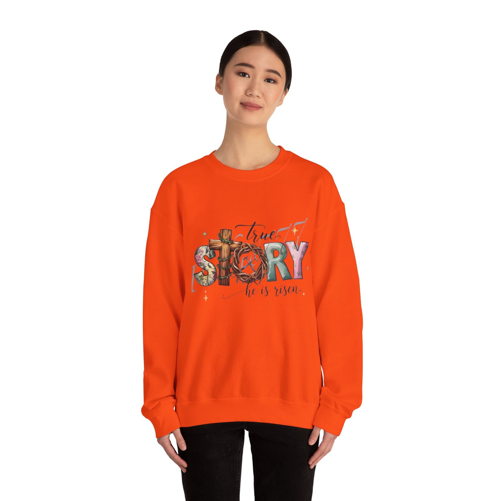Crewneck Sweatshirt — 'True Story He Is Risen' Easter Cross Christian Design - Image 21