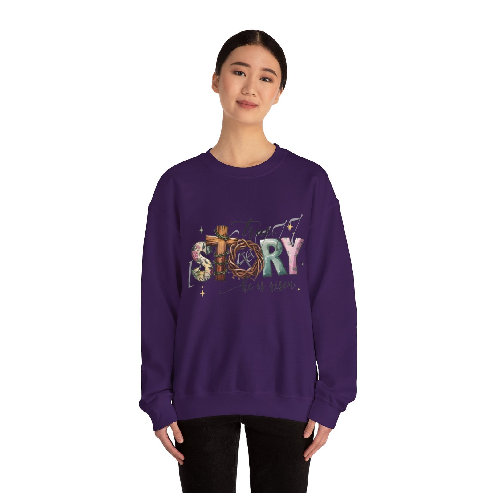 Crewneck Sweatshirt — 'True Story He Is Risen' Easter Cross Christian Design - Image 41