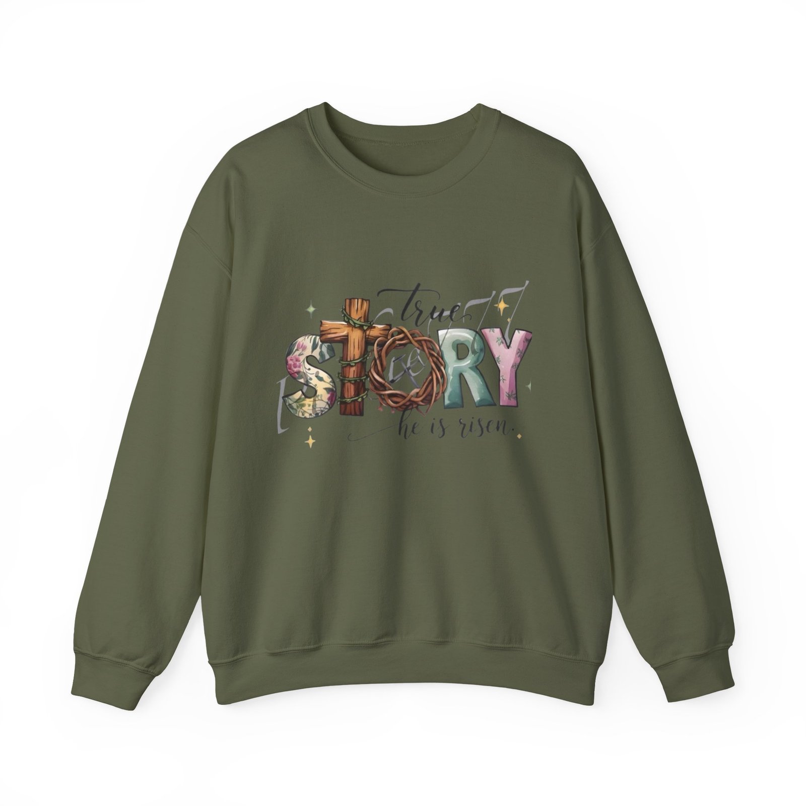 Crewneck Sweatshirt — 'True Story He Is Risen' Easter Cross Christian Design - Image 26