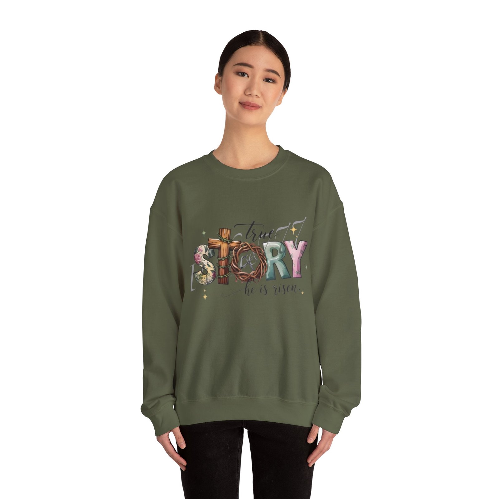 Crewneck Sweatshirt — 'True Story He Is Risen' Easter Cross Christian Design - Image 29