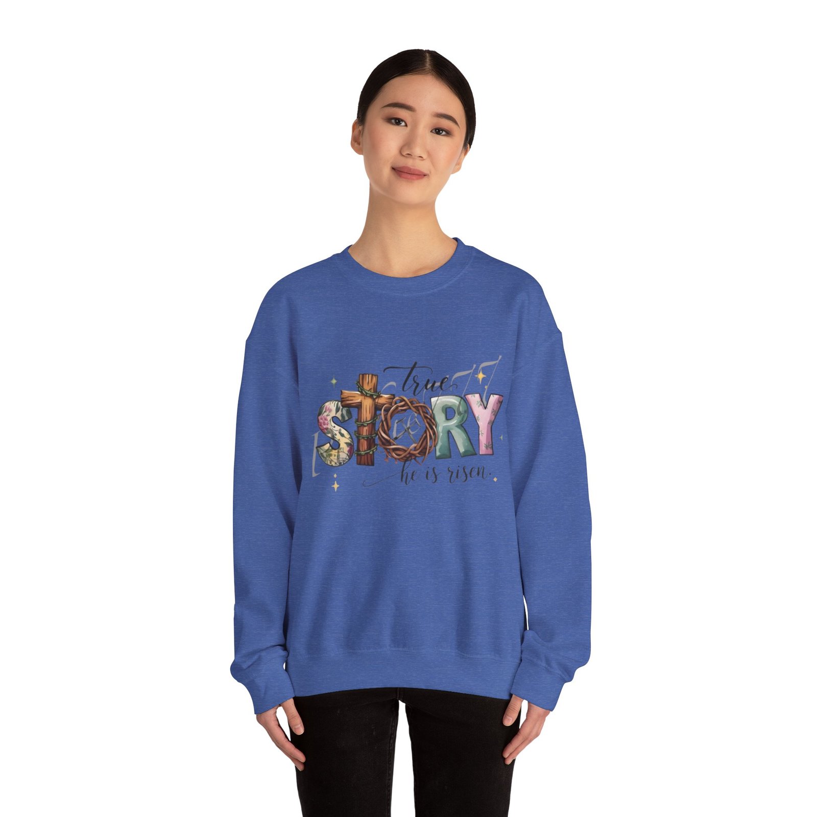 Crewneck Sweatshirt — 'True Story He Is Risen' Easter Cross Christian Design - Image 33