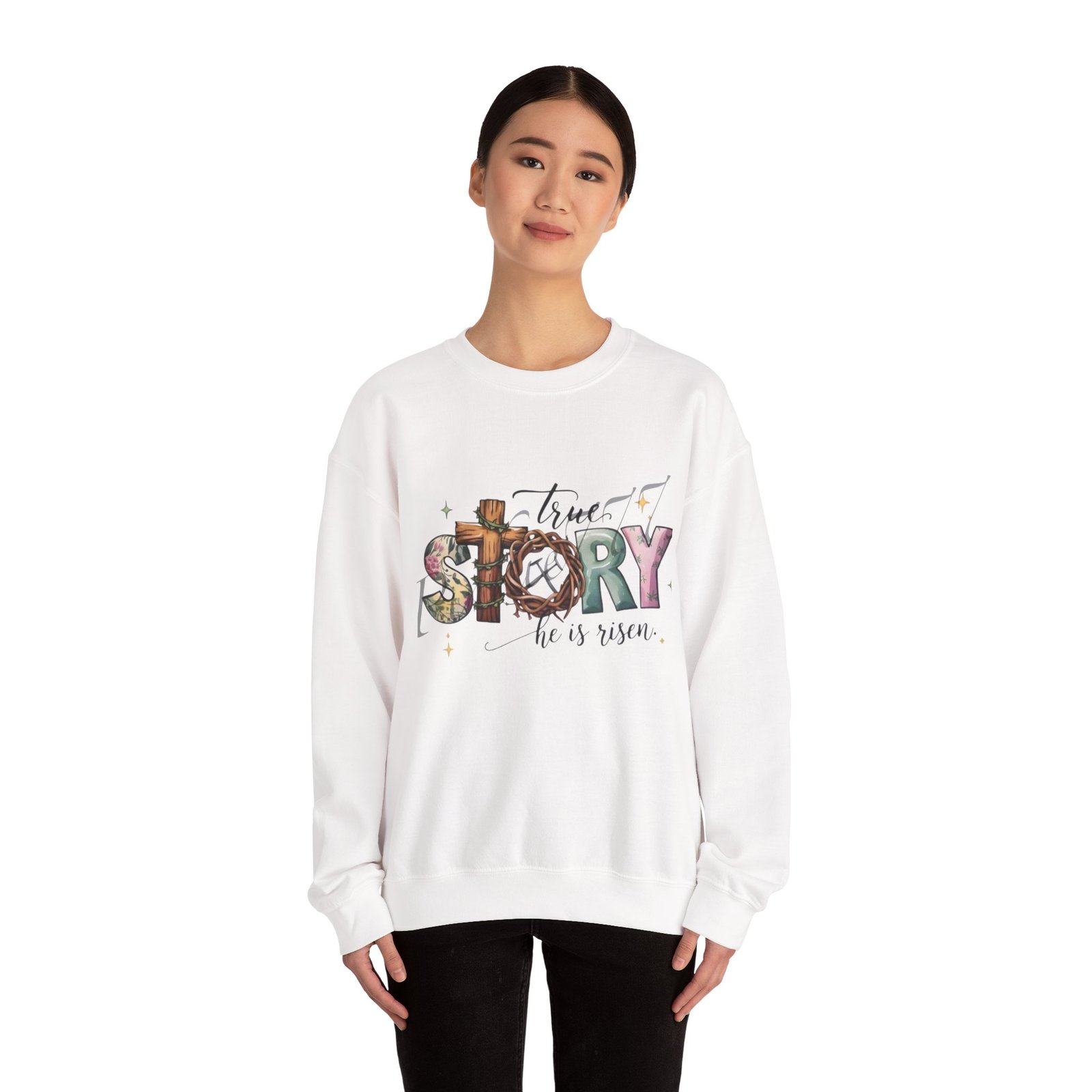 Crewneck Sweatshirt — 'True Story He Is Risen' Easter Cross Christian Design - Image 9