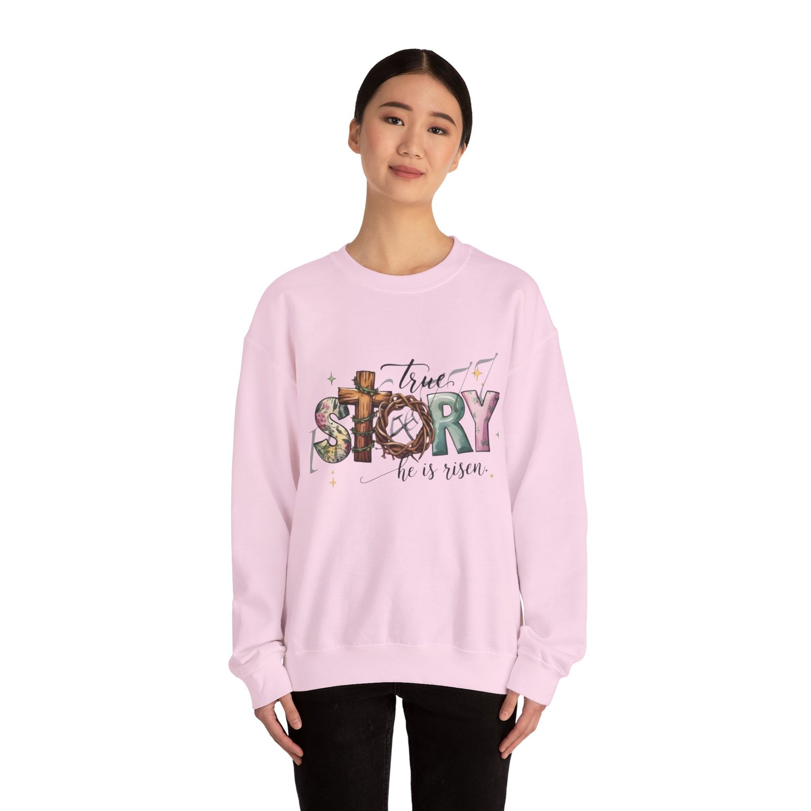 Crewneck Sweatshirt — 'True Story He Is Risen' Easter Cross Christian Design - Image 45
