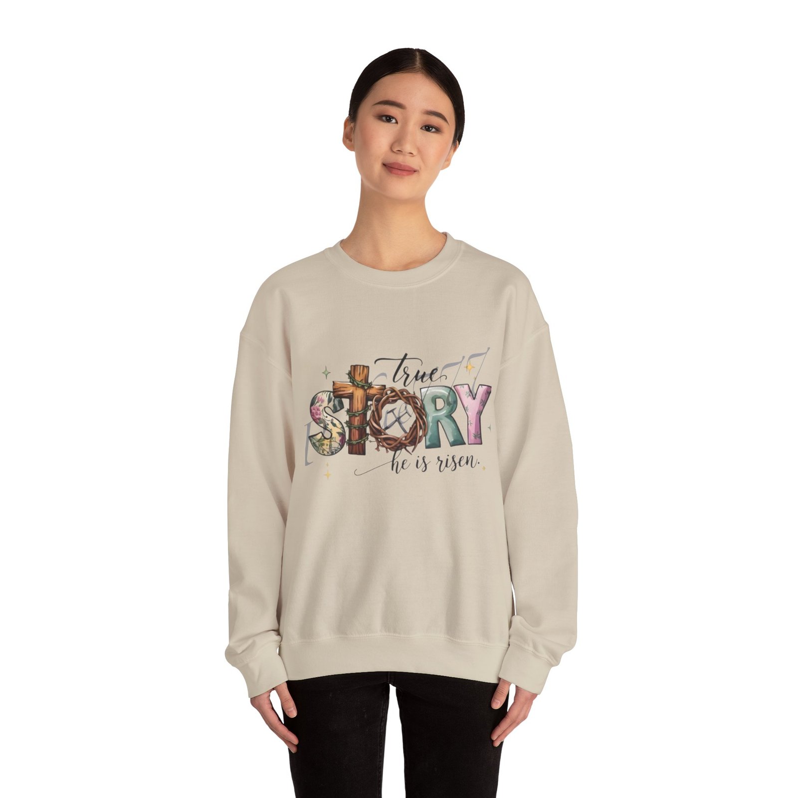 Crewneck Sweatshirt — 'True Story He Is Risen' Easter Cross Christian Design - Image 13