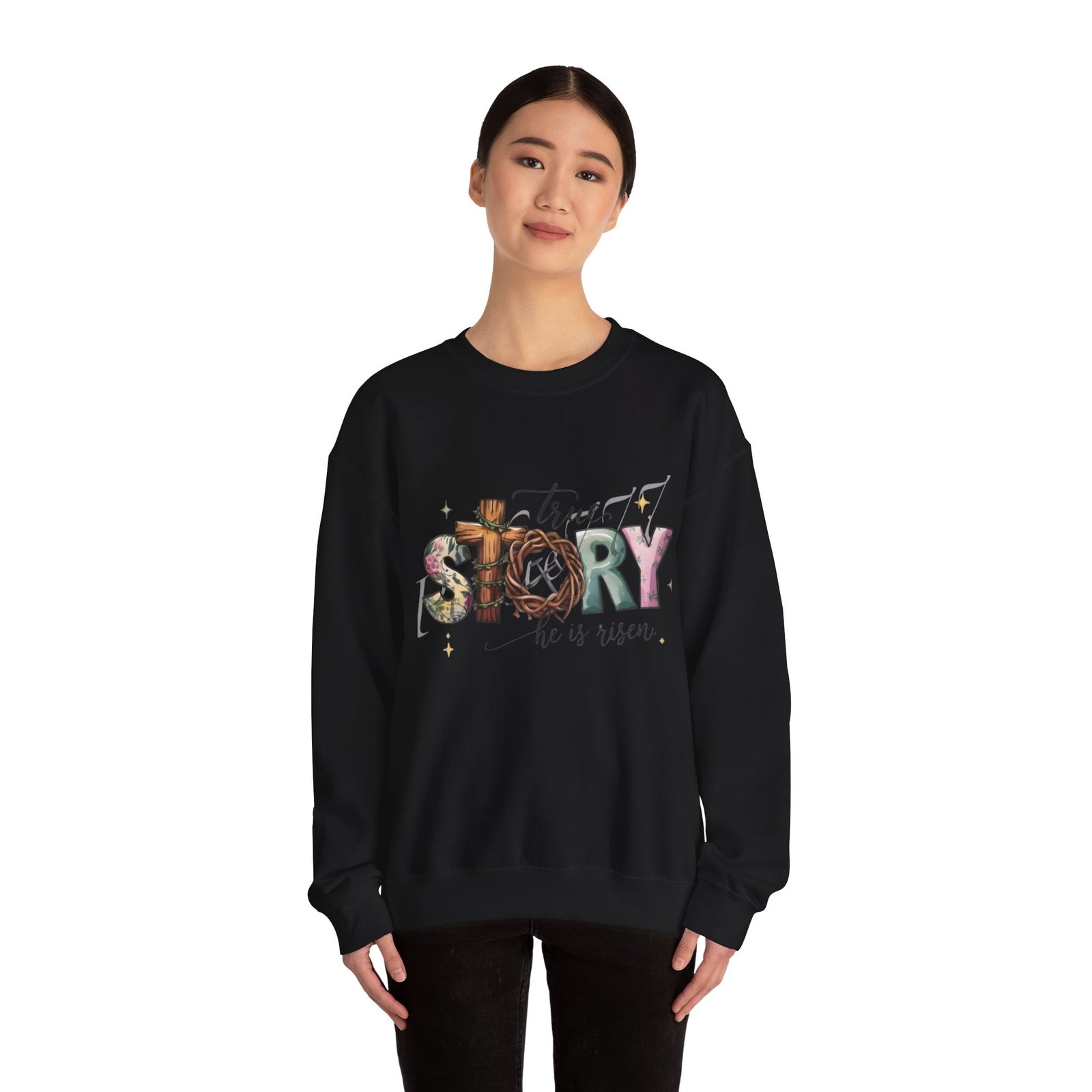 Crewneck Sweatshirt — 'True Story He Is Risen' Easter Cross Christian Design - Image 5